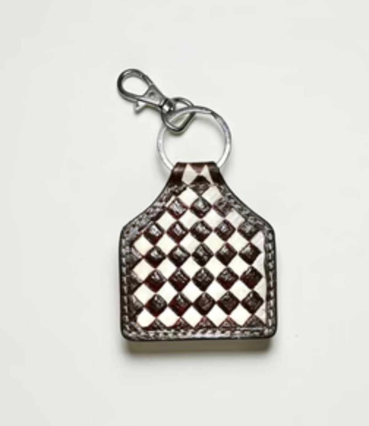 Brown Checkered Tooled Leather Keychain