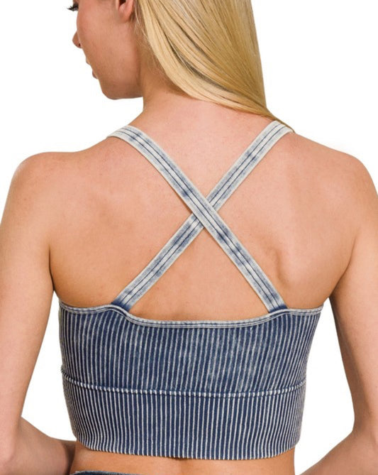 V Neck Washed Rib Seamless Tank built in Bra