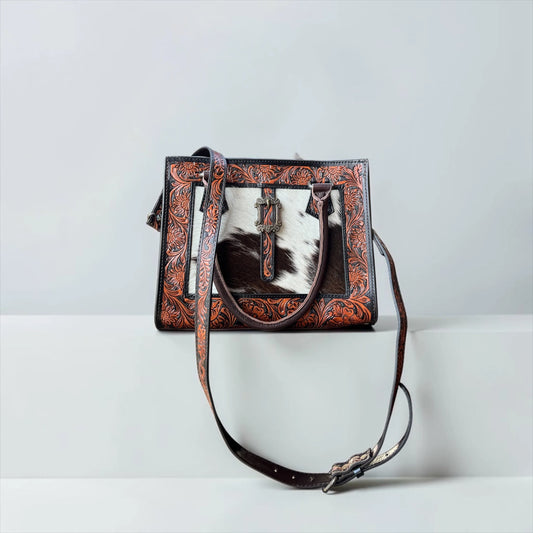 CHOCOLATE TOOLED LEATHER BUCKLE CROSSBODY BAG