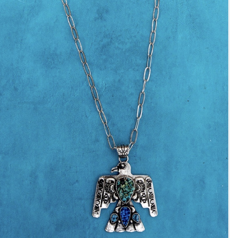 TURQUOISE MOSAIC RIDGE THUNDER SILVERTONE NECKLACE