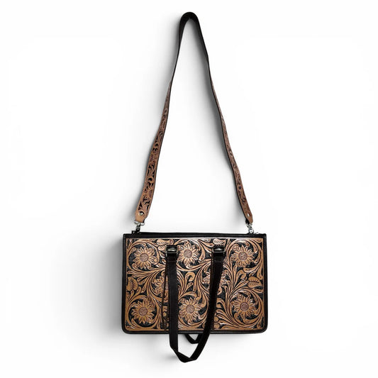 Brown Tooled Leather Tote Bag