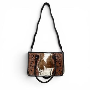 Brown Tooled Leather & Cowhide Tote