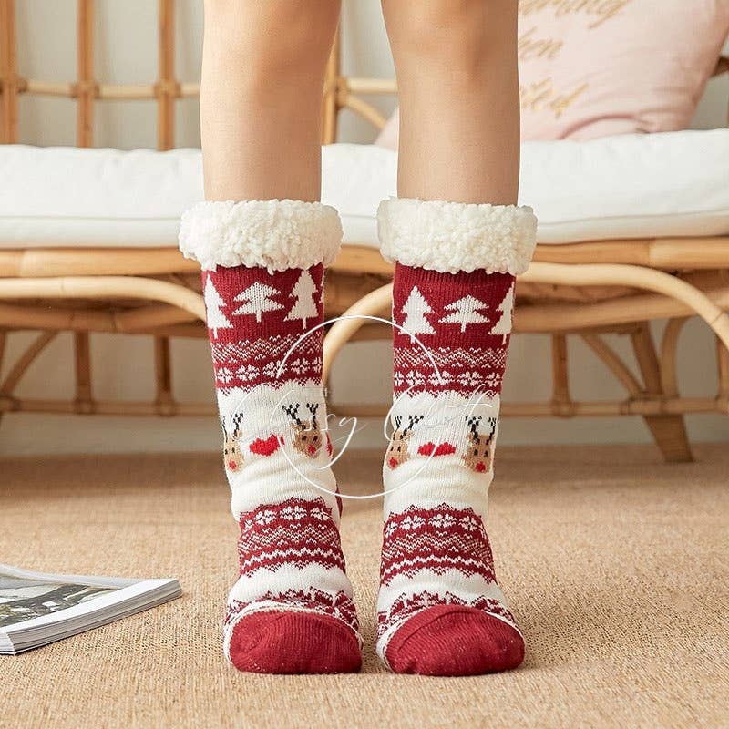 Non-Slip Sherpa Lined Socks - Red Reindeer Faire Isle