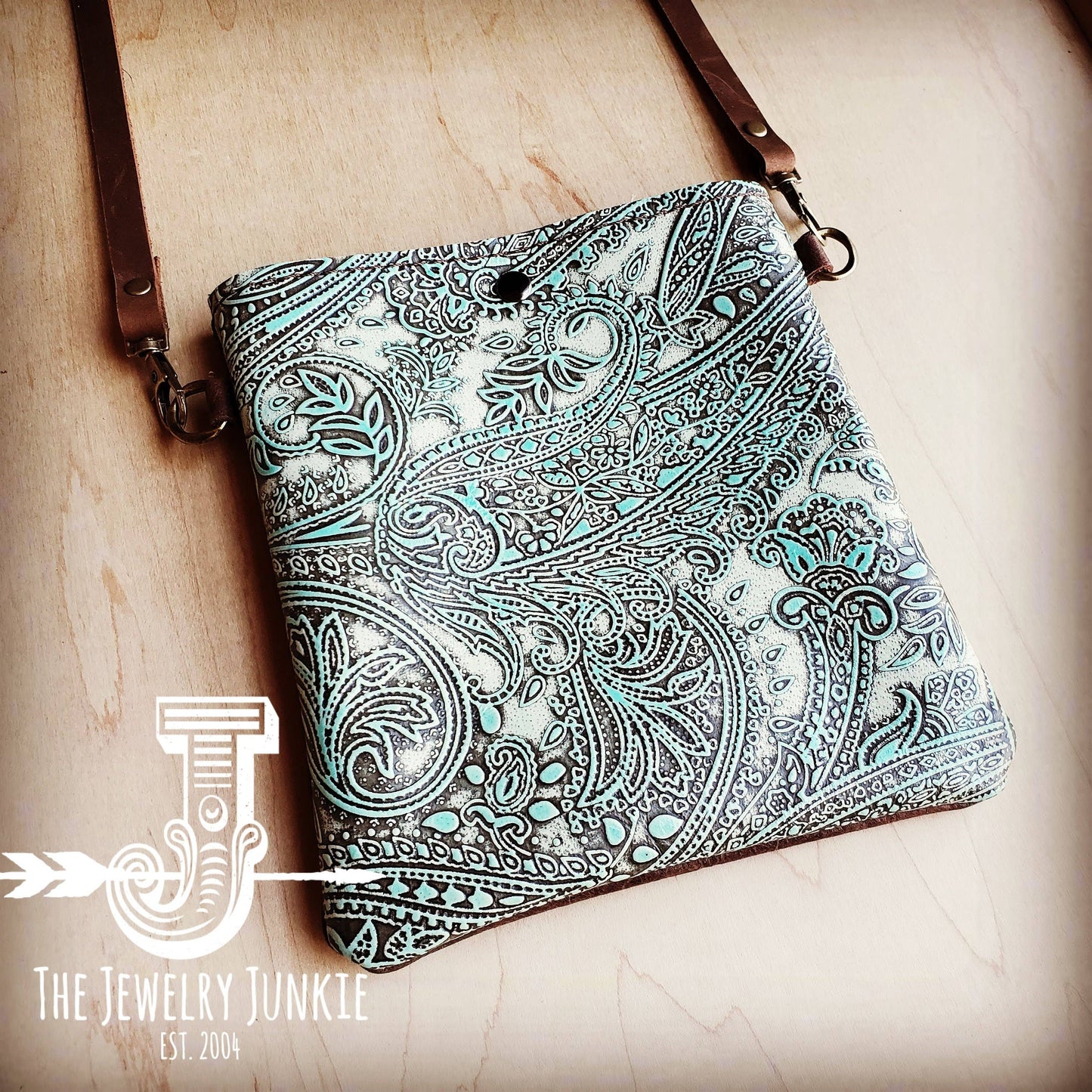 Crossbody Handbag with Turquoise Paisley Leather 505b