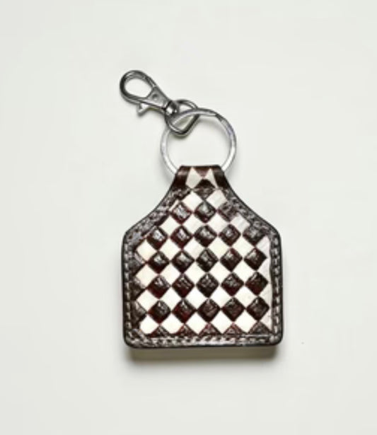 Brown Checkered Tooled Leather Keychain