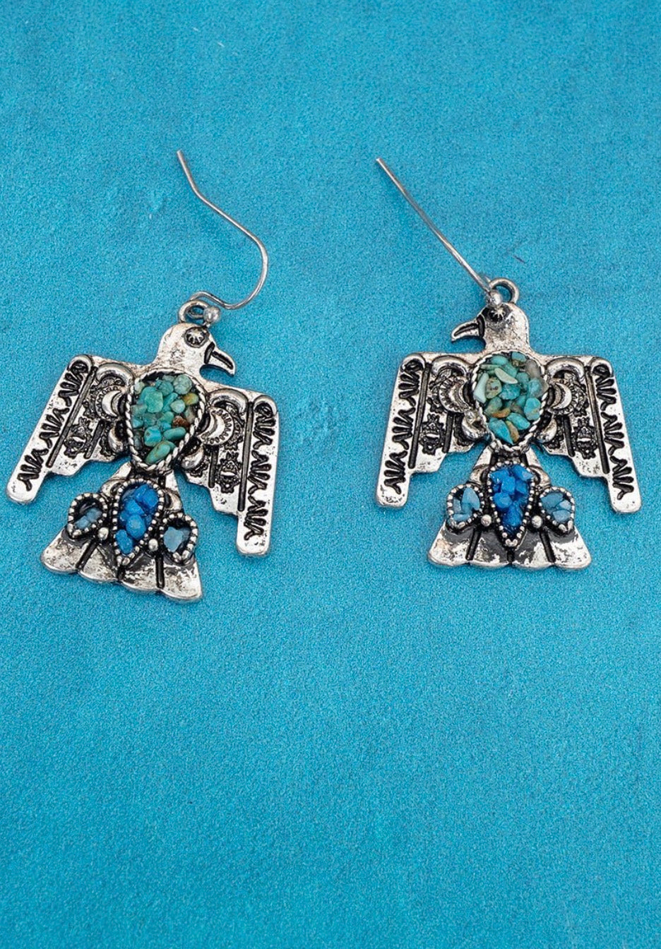 TURQUOISE MOSAIC RIDGE THUNDER SILVERTONE EARRINGS