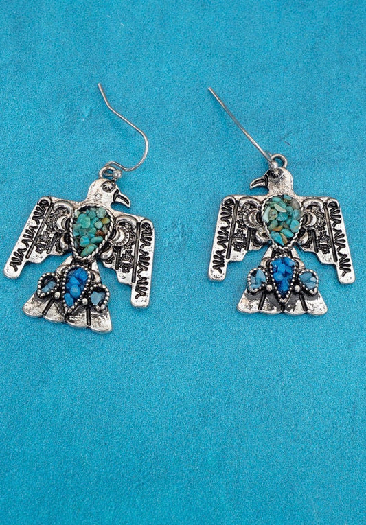 TURQUOISE MOSAIC RIDGE THUNDER SILVERTONE EARRINGS