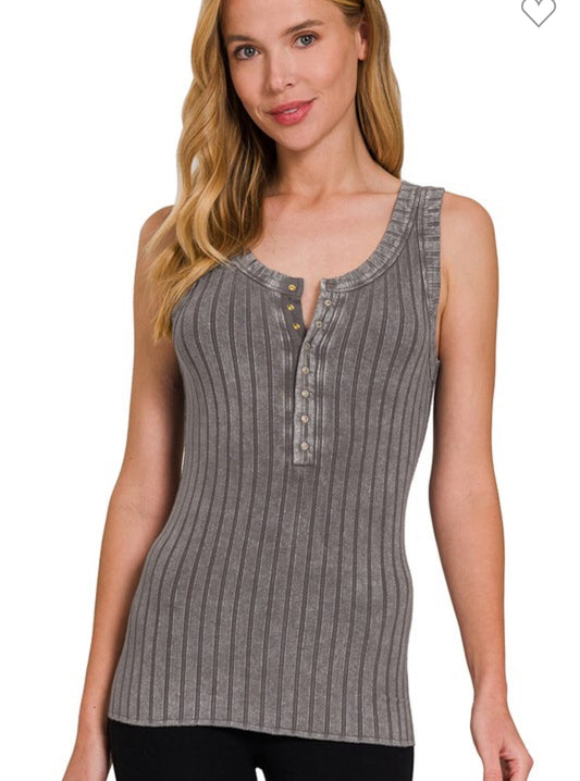 Washed Ribbed Scoop Neck Henry Top