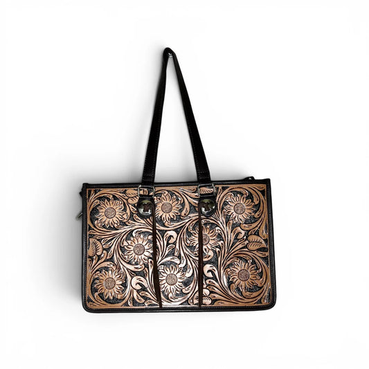 Brown Tooled Leather Tote Bag