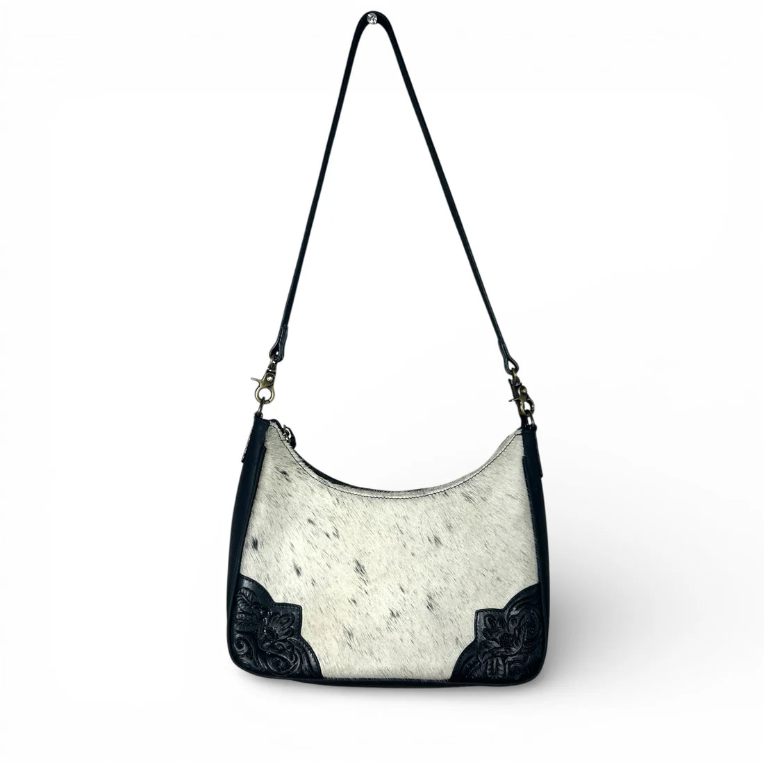 BLACK TOOLED LEATHER & COWHIDE SHOULDER BAG