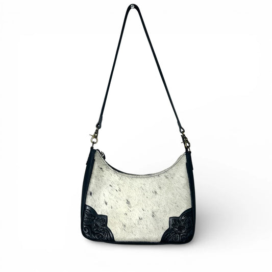 BLACK TOOLED LEATHER & COWHIDE SHOULDER BAG