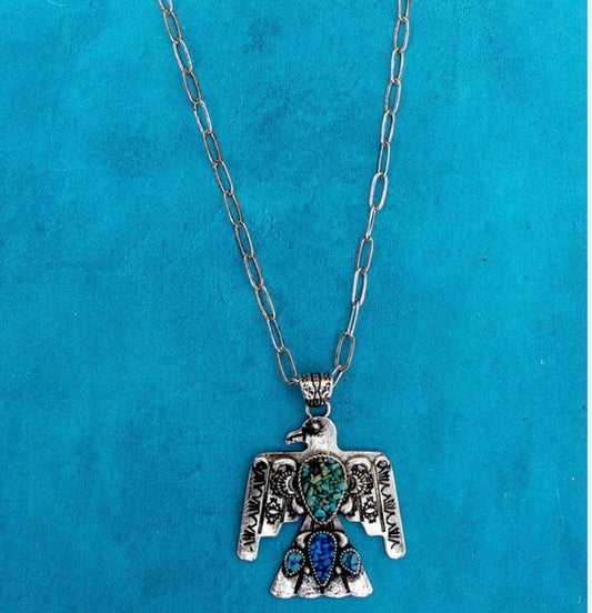 TURQUOISE MOSAIC RIDGE THUNDER SILVERTONE NECKLACE