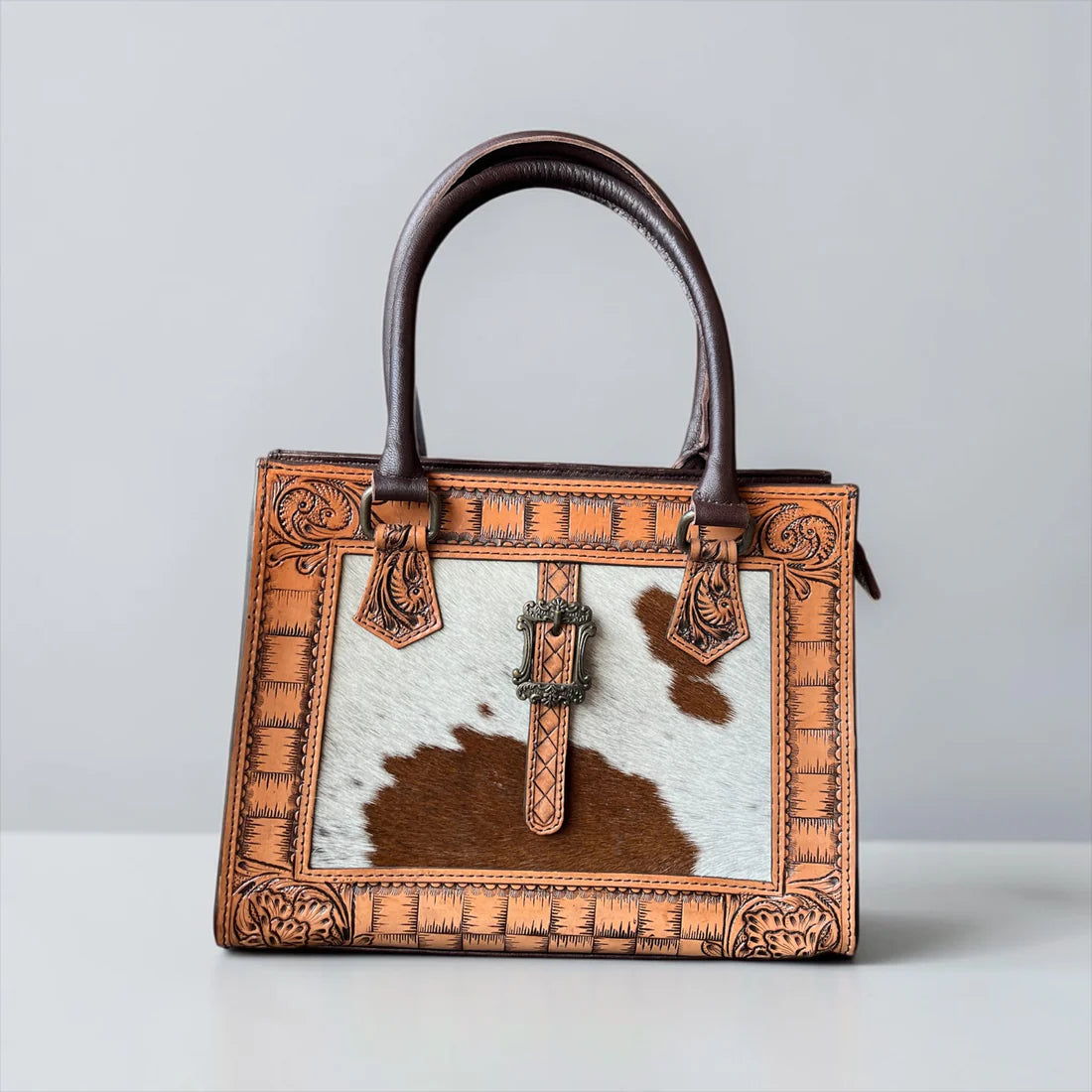RUST TOOLED LEATHER BUCKLE CROSSBODY BAG