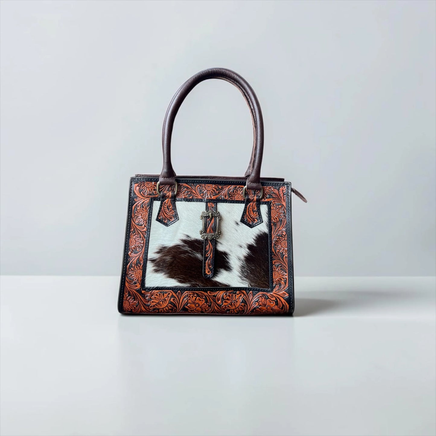 CHOCOLATE TOOLED LEATHER BUCKLE CROSSBODY BAG