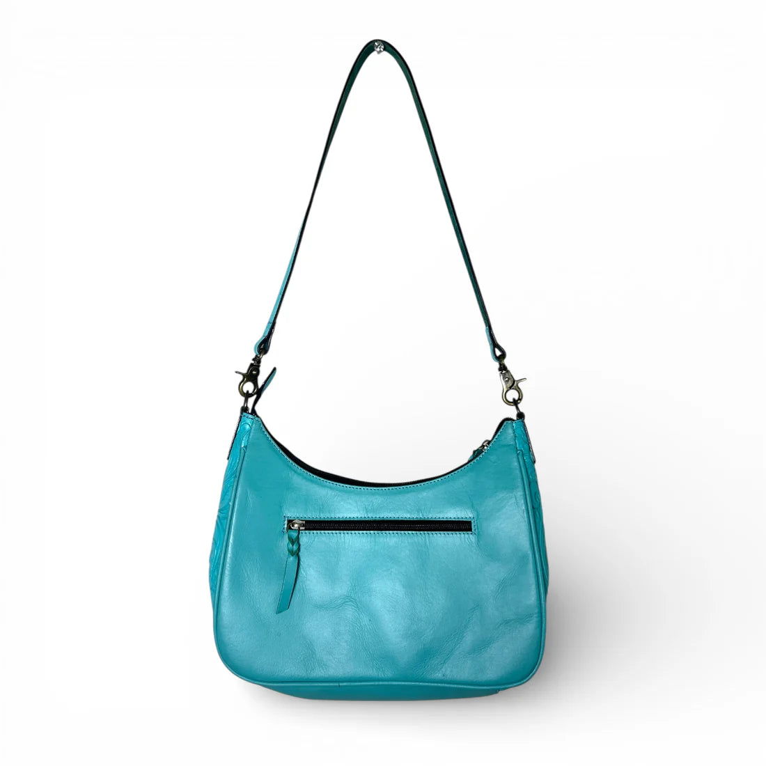 TURQUOISE TOOLED LEATHER & COWHIDE SHOULDER BAG