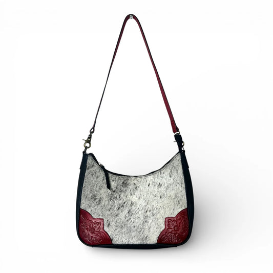 RED TOOLED LEATHER & COWHIDE SHOULDER BAG