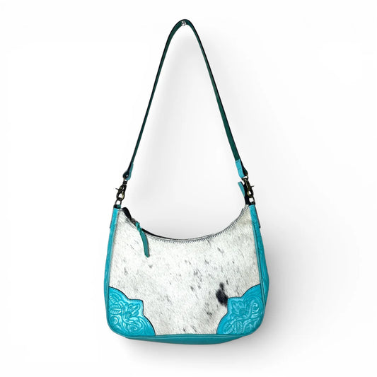 TURQUOISE TOOLED LEATHER & COWHIDE SHOULDER BAG