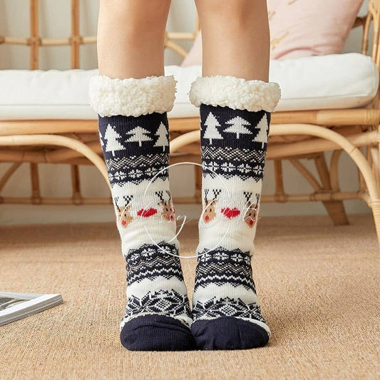 Non-Slip Sherpa Lined Socks - Navy Reindeer Faire Isle