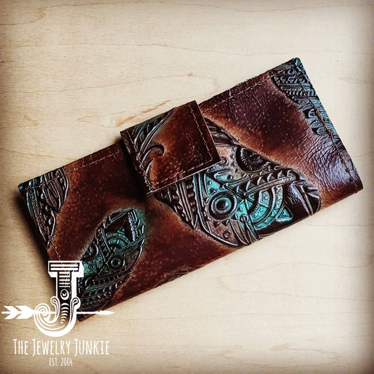 Turquoise Feather Embossed Leather Wallet with Snap 301v