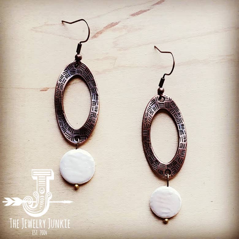 Genuine Shell Pearl Coin on Copper Hoop Earrings 243f
