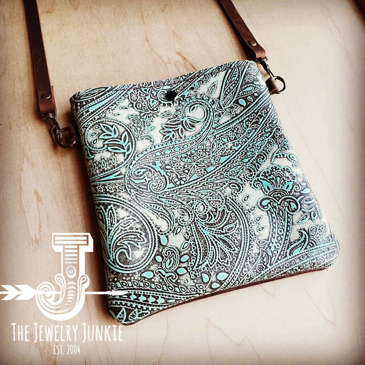 Crossbody Handbag with Turquoise Paisley Leather 505b